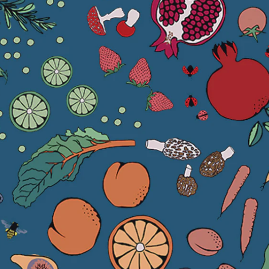 Bowl cover set fabric pattern: pomegranate and citrus fruits on blue with herbs