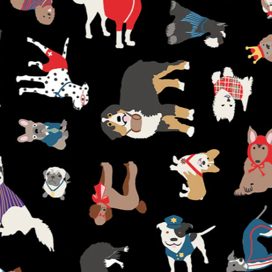 Bowl cover set fabric pattern: illustrated dogs on black background
