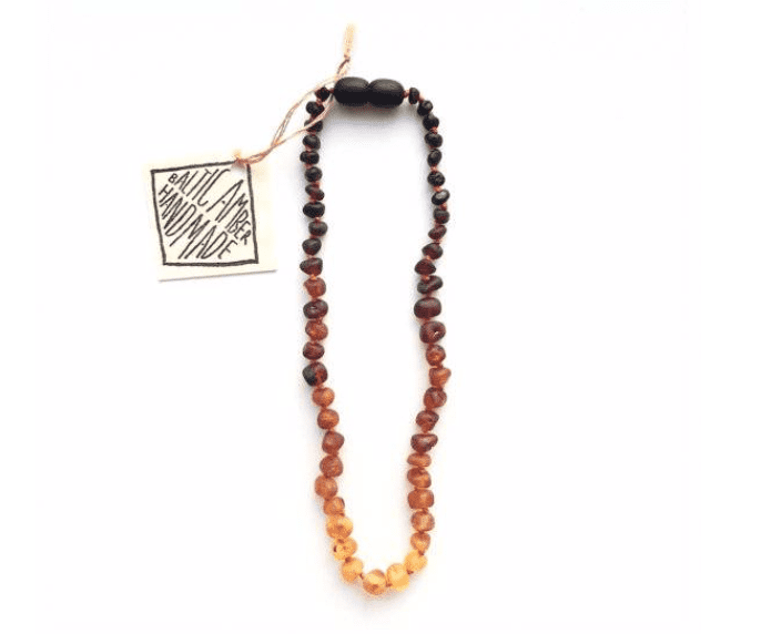 Raw amber ombre bead necklace with handmade tag and long bead strand