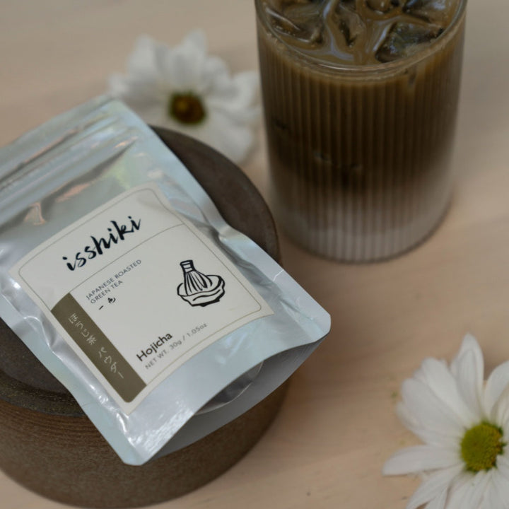 Hojicha roasted green tea powder pouch with loose powder, silver foil package