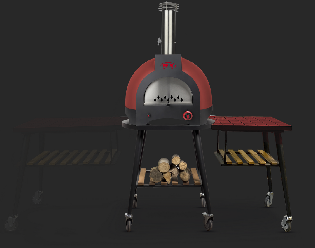 Outdoor pizza grill stand with red tiled dome, side shelves, and metal cart wheels