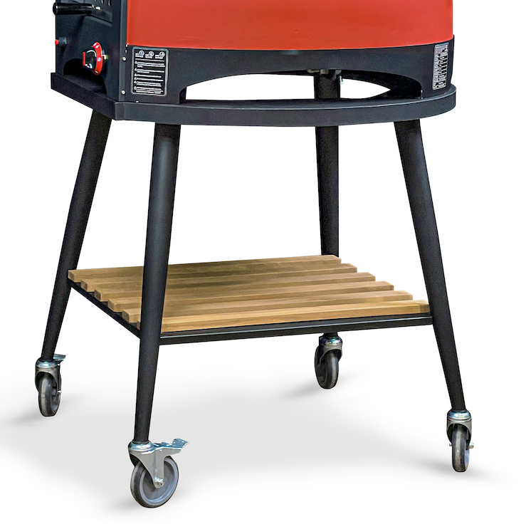 Black wheeled BBQ trolley with wood slat shelf and four caster wheels