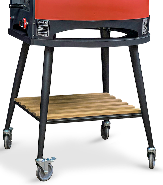 Black wheeled trolley with two-tier wood shelves and four swivel caster wheels
