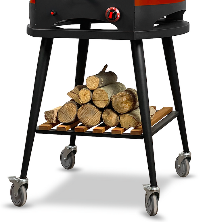 Black wheeled wood pellet trolley with lower shelf and four swivel caster wheels