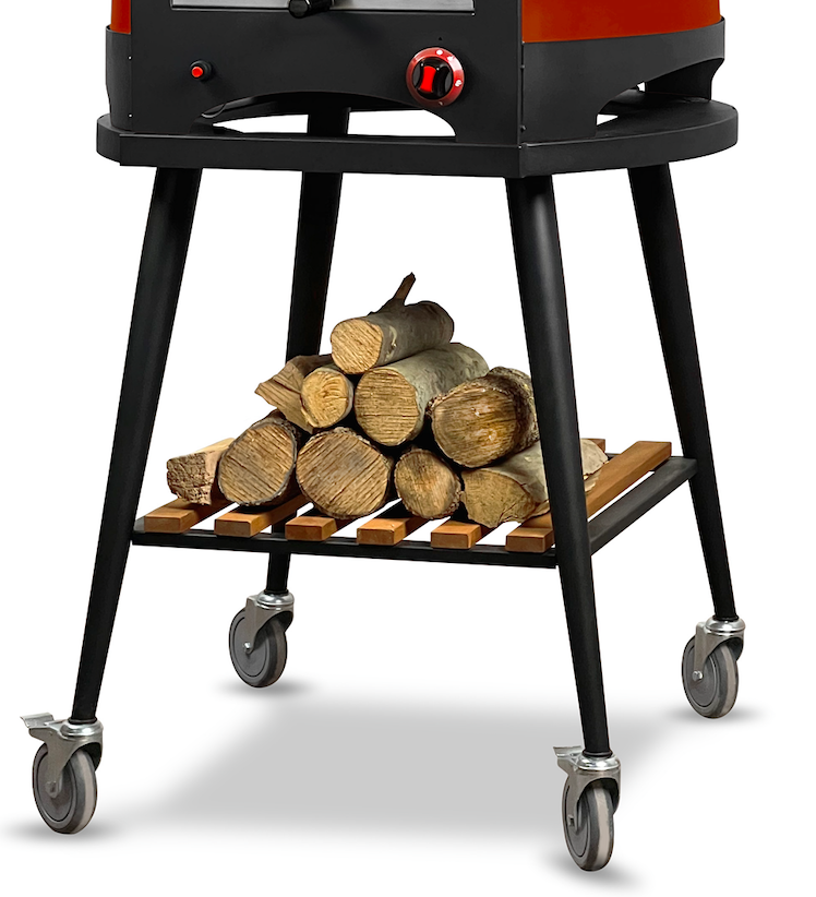 Black metal wheeled BBQ trolley with lower shelf and four caster wheels