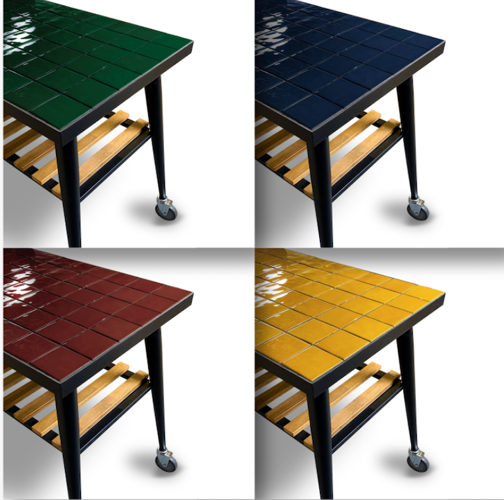 103 cm side table color options: green, blue, red, yellow tiled top with slat shelf