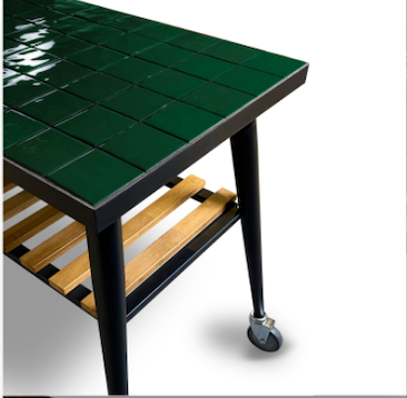 103 cm side table with green tiled top, black frame, lower slat shelf, caster legs