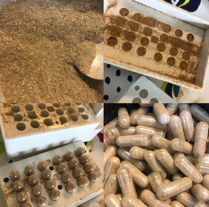 Loose headache relief capsules scattered across open cardboard tray compartments
