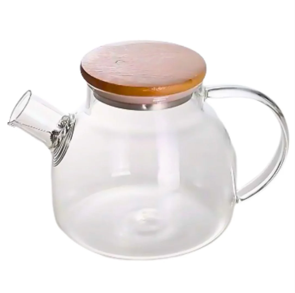 Glass tea steeper with spout, curved handle, and bamboo-style lid