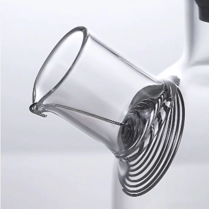 Glass tea steeper infuser with spiral mesh filter and spout rim