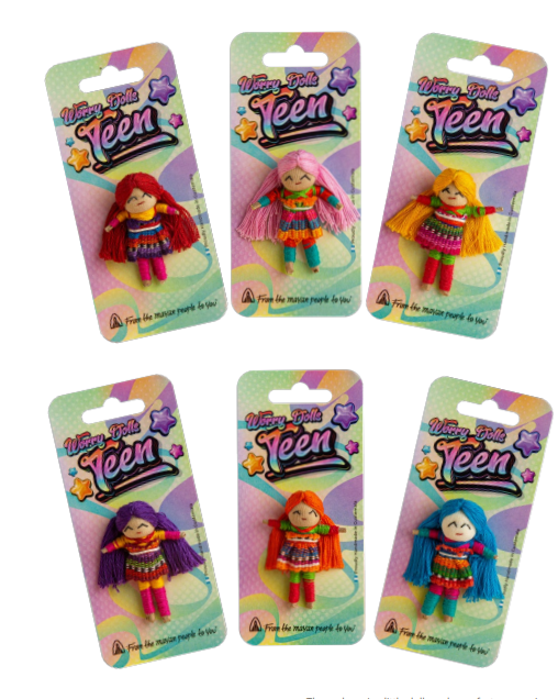Set of six teen worry dolls in colorful yarn outfits, shown on three-by-two cards