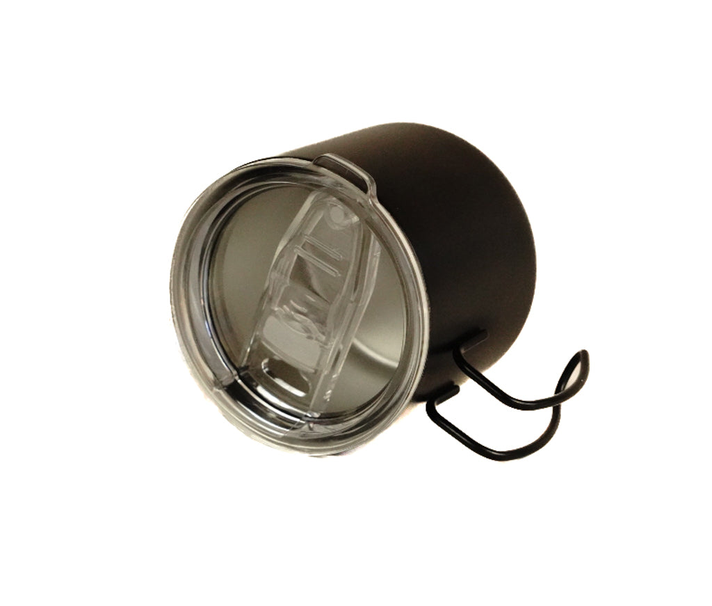 Black double-walled stainless steel mug with transparent lid and loop handle, top view