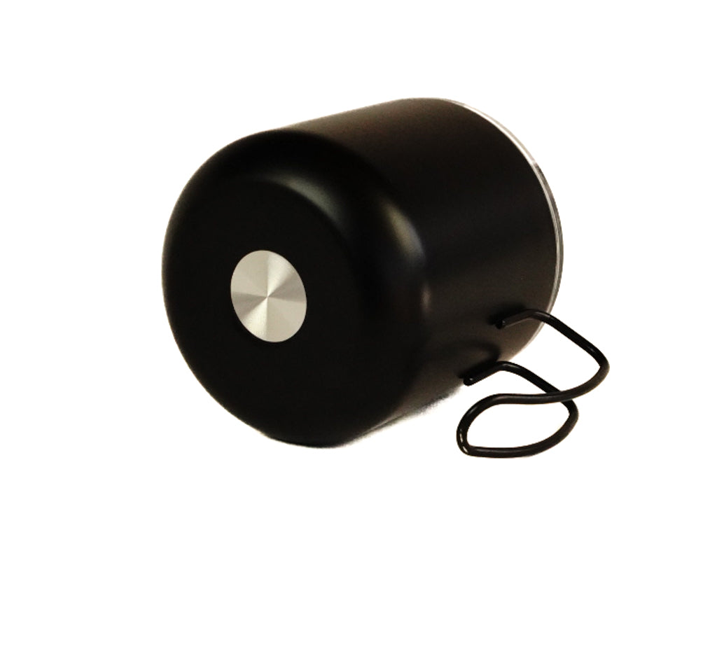 Black double-walled stainless steel mug bottom view with loop handle and silicone foot