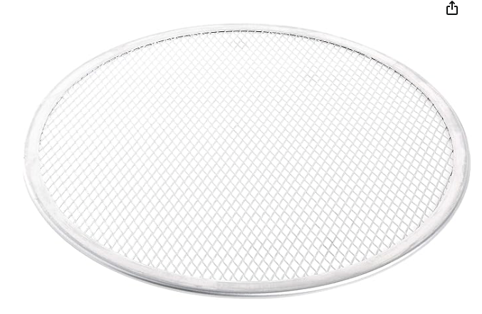 Seamless metal pizza screen, 14-inch round with wire mesh top and rim edge