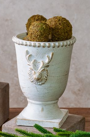 White cement deer urn planter with gold-tone antler relief and scalloped rim