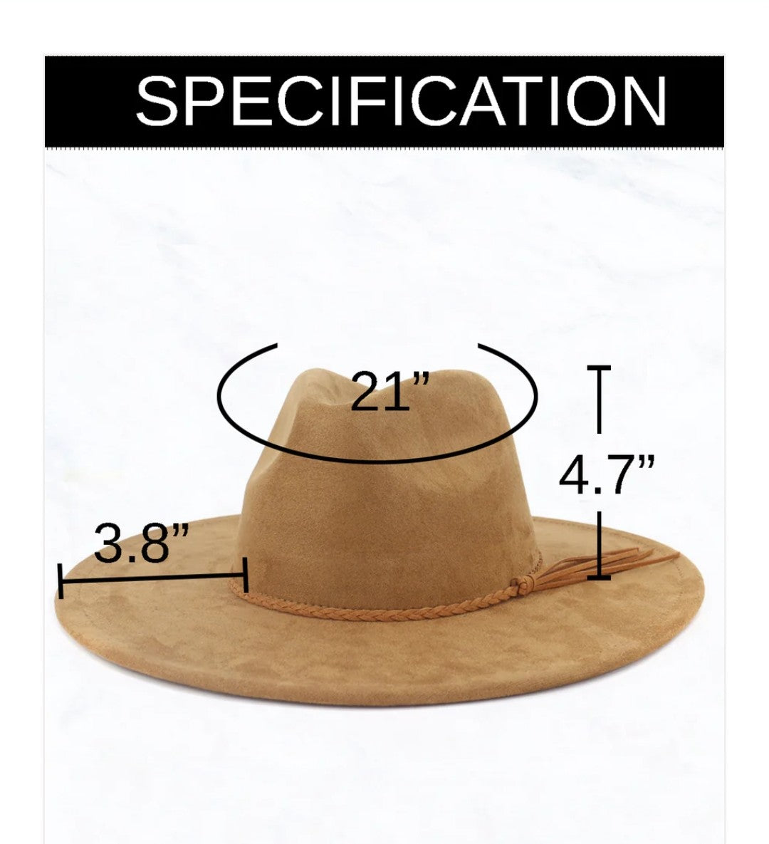 Tan wide-brim hat showing size measurements diagram