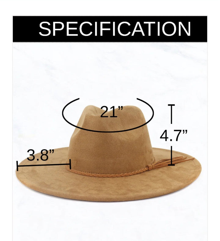 Tan wide-brim hat showing size measurements diagram