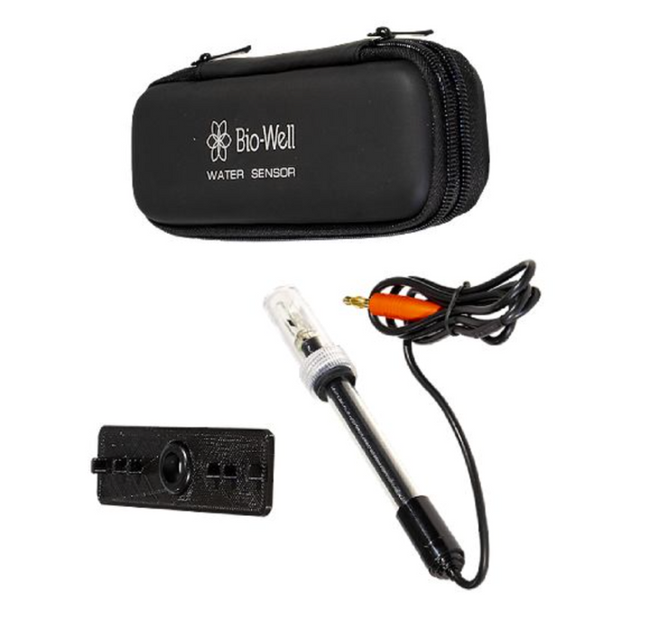 Water sensor kit with black zip case, probe with cable, and connector wires