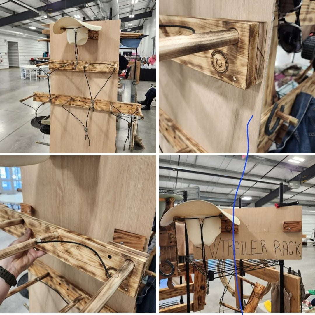Wooden trailer rack hat display with hanging hooks and metal grid, "TRAILER RACK"