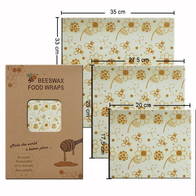 Set of 3 beeswax food wraps, yellow floral and bee square covers