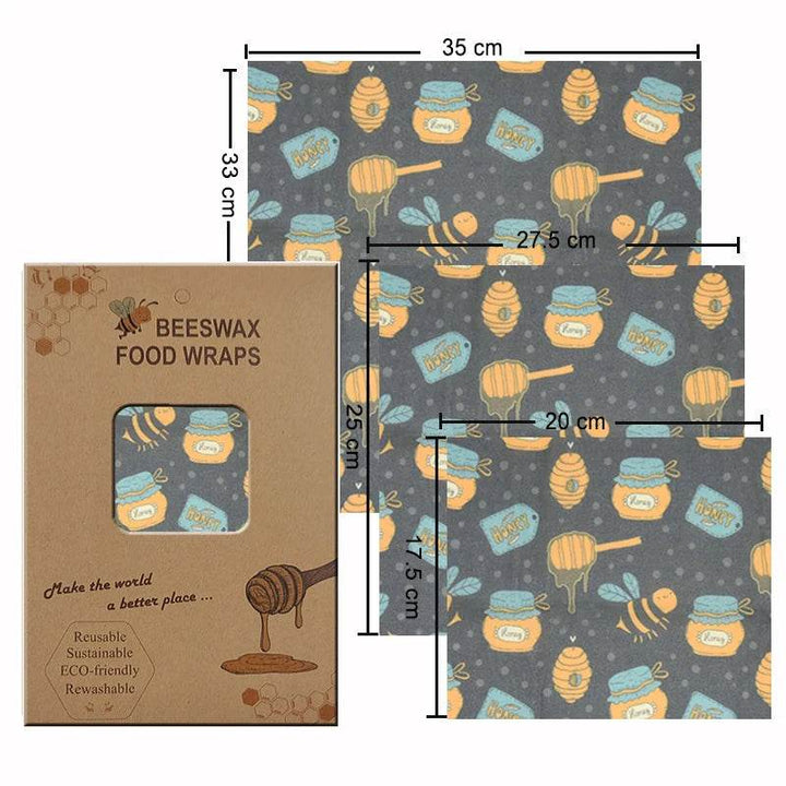 Set of 3 beeswax food wraps, blue honey and jar illustration square covers