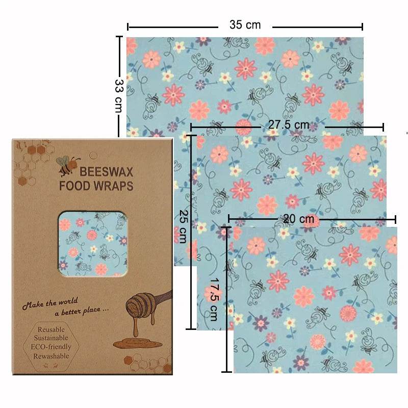 Beeswax food wrap set with light blue floral pattern, three size sheets
