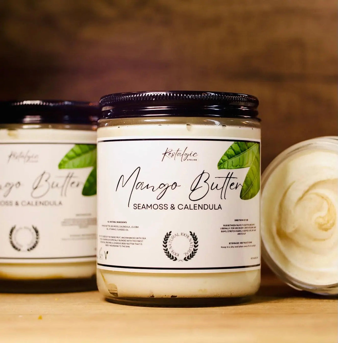 Mango butter jar with green lid and white label for seamoss &amp; calendula