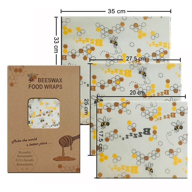 Beeswax food wrap set, square cloth with bee and hexagon pattern, size indicated