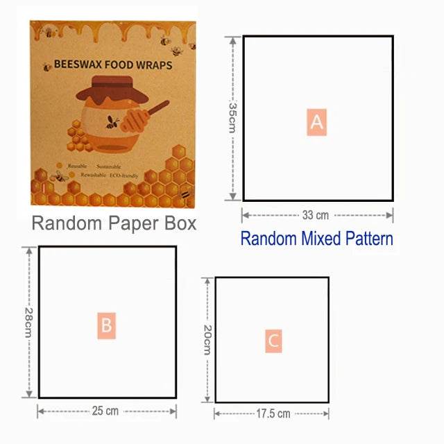 Beeswax food wraps set with size diagrams on patterned wrapping sheets preview