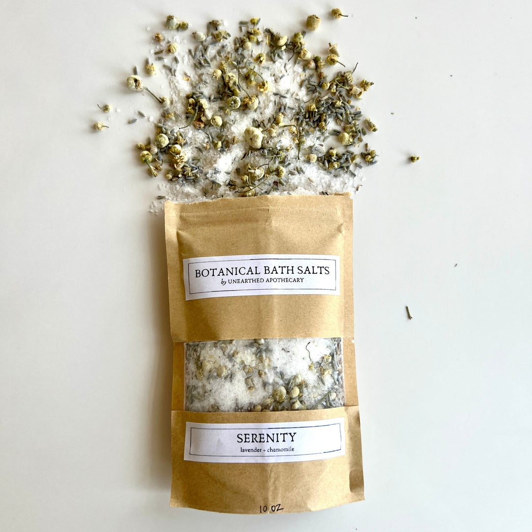 Botanical bath salts pouch with lavender and chamomile herbs, cream paper bag