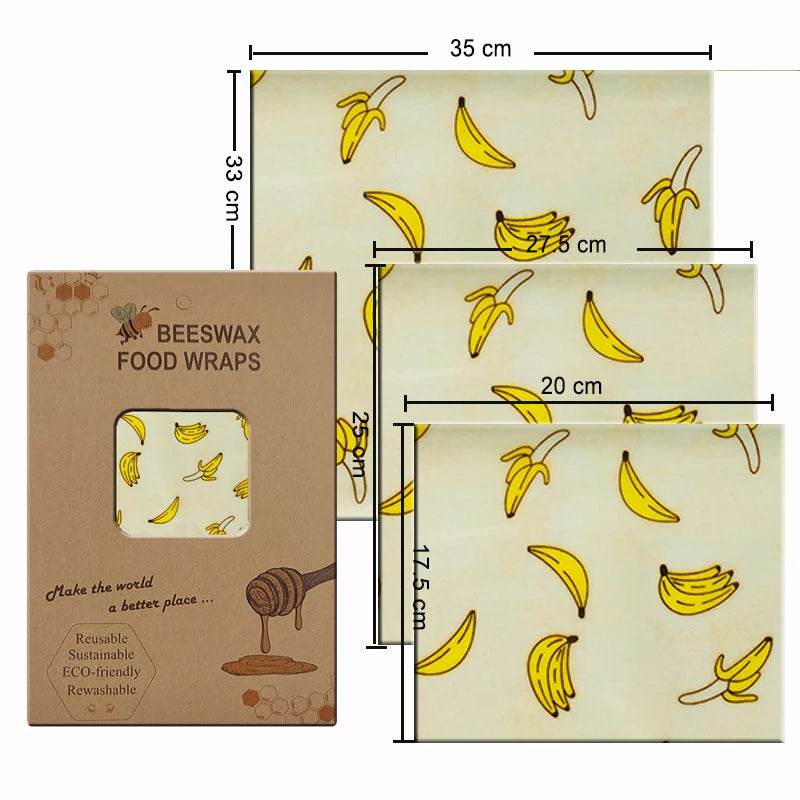 Beeswax food wrap set with yellow banana pattern, three size sheets