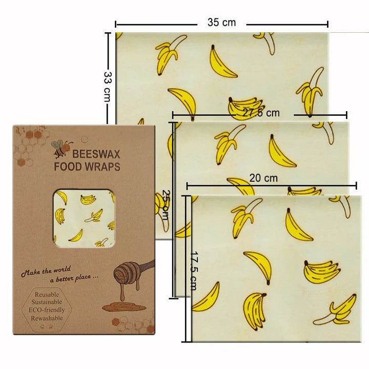 Beeswax food wrap set with yellow banana pattern, three size sheets