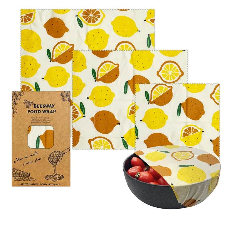 Beeswax food wrap set (3 sizes) with yellow lemon citrus pattern