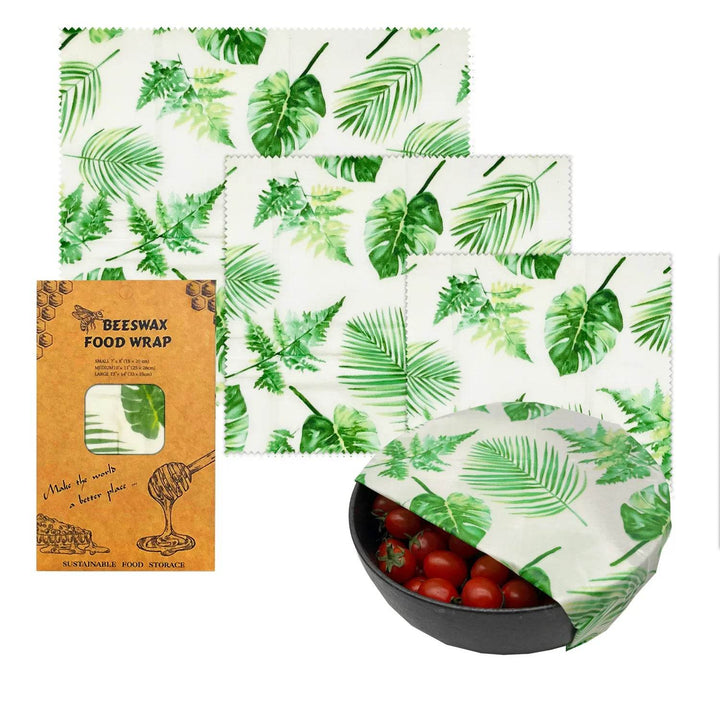 Beeswax food wrap set with green tropical leaf pattern, three size sheets