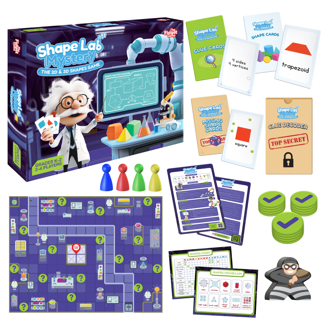 Geometry clue board game set with game board, shape cards, pawns, and tokens