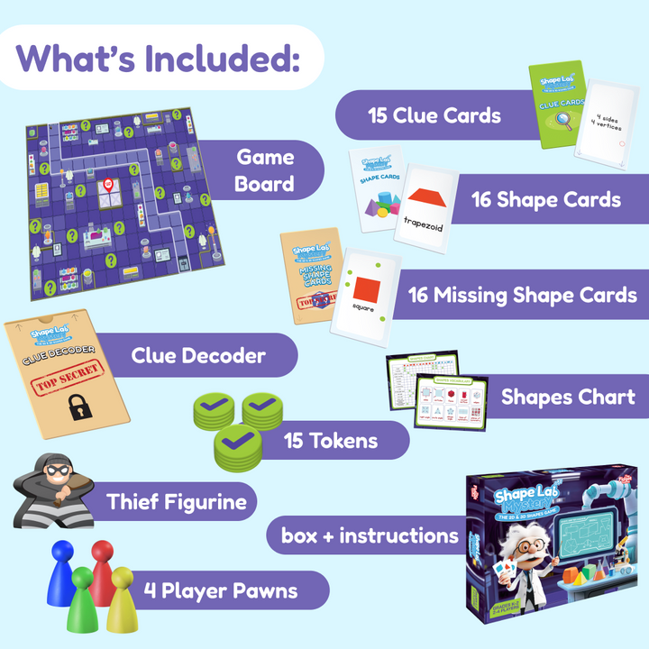 Board game set components: game board, clue decoder, shape cards, missing cards, tokens