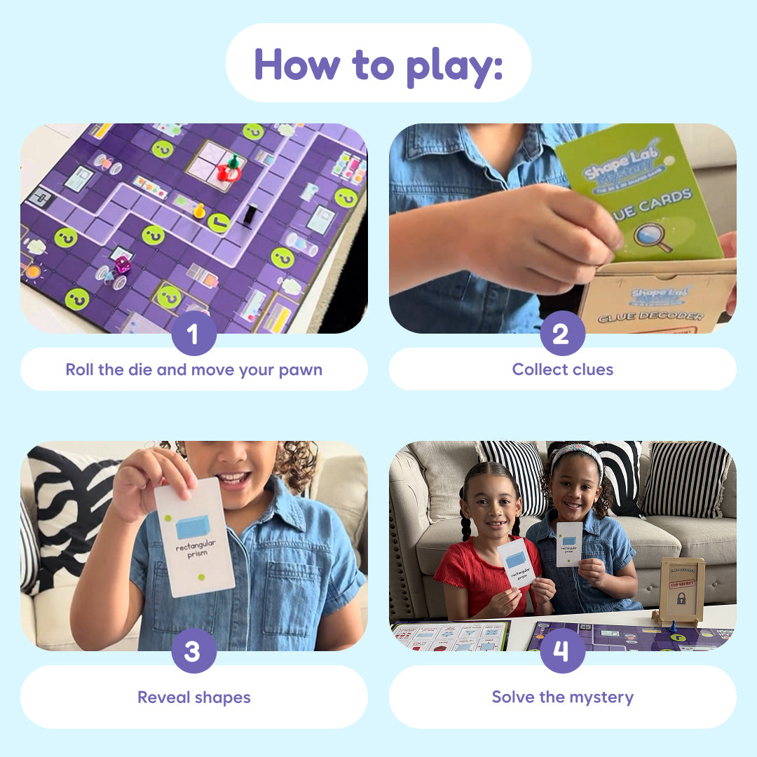 Shape mystery game how-to: roll, collect clues, reveal shapes, and solve