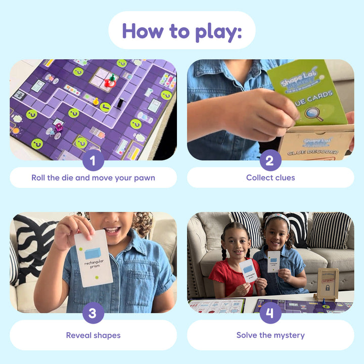 Shape mystery game how-to: roll, collect clues, reveal shapes, and solve