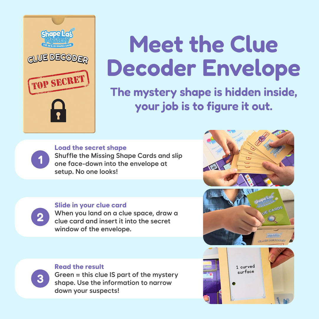Clue decoder envelope for the shape mystery game with illustrated setup steps