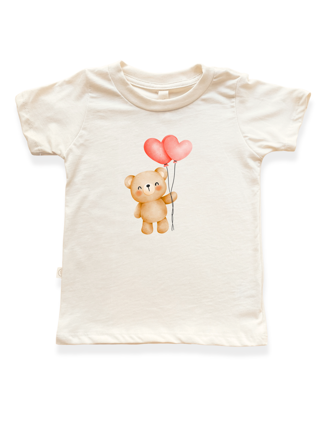 Off-white kids organic T-shirt with teddy bear holding heart balloon graphic