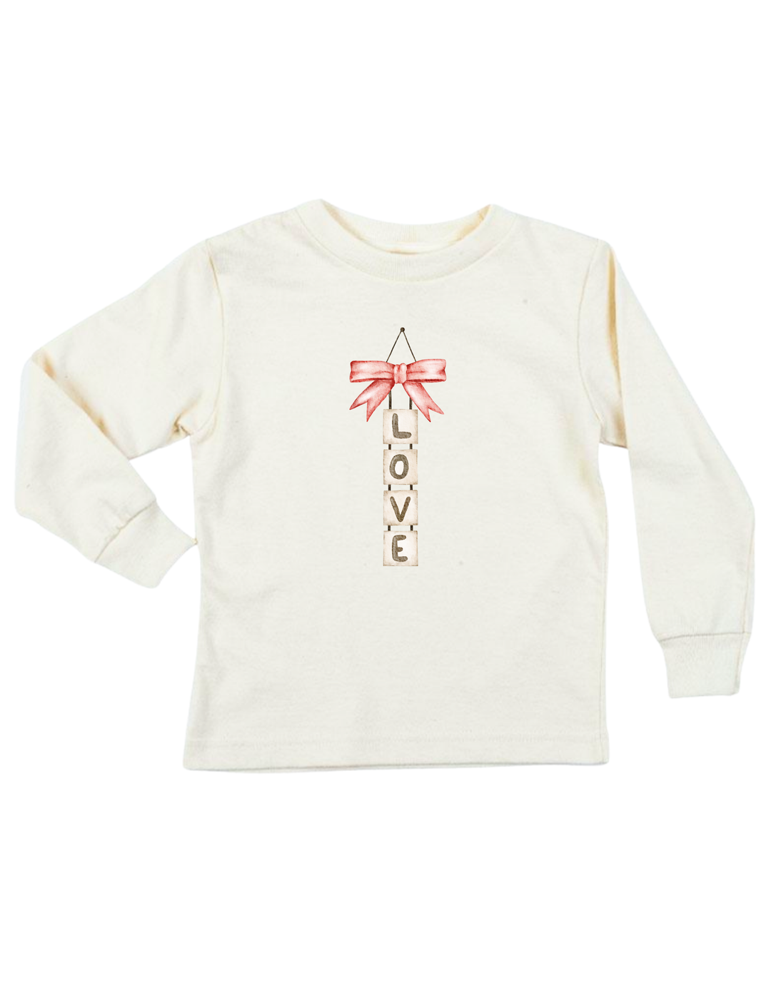 Kids long-sleeve organic T-shirt, off-white, red bow with love block print