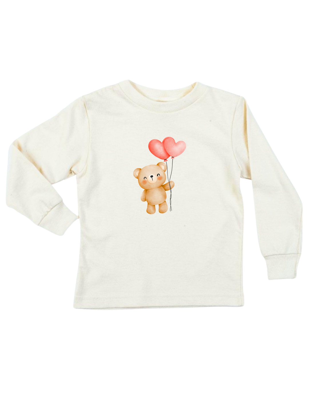 Kids long-sleeve T-shirt, cream with bear holding red heart balloons print
