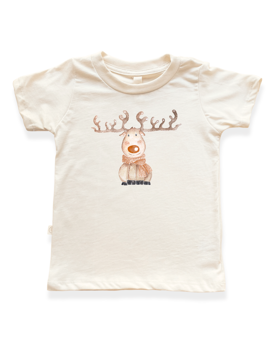 Cream organic kids t-shirt with reindeer front graphic