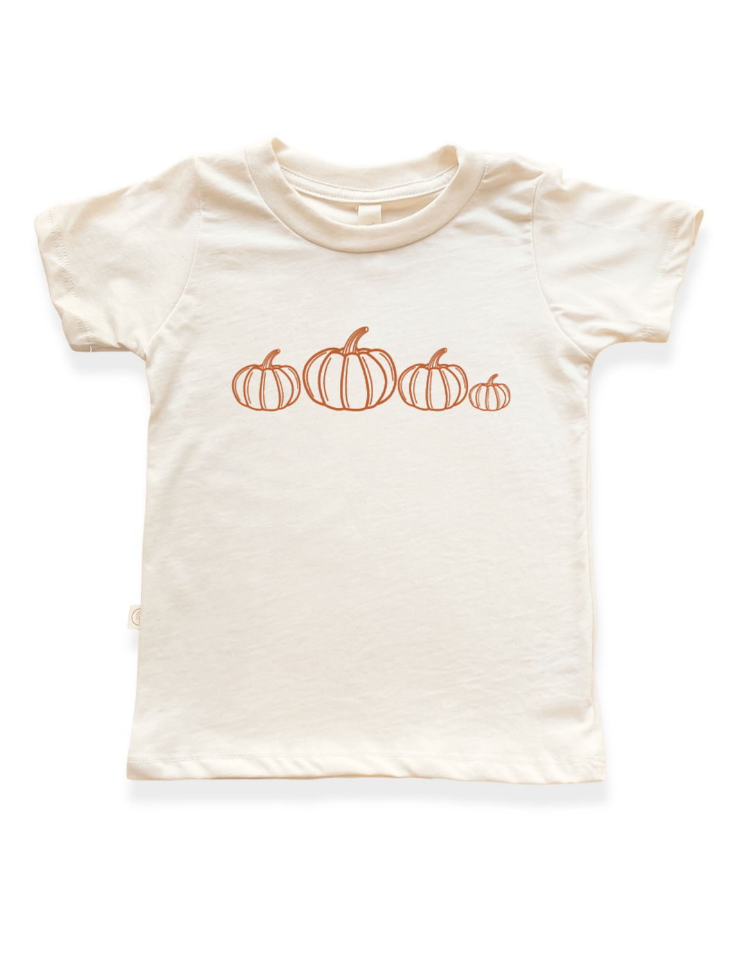 Kids organic cotton T-shirt in cream with orange pumpkin graphic, short sleeves.