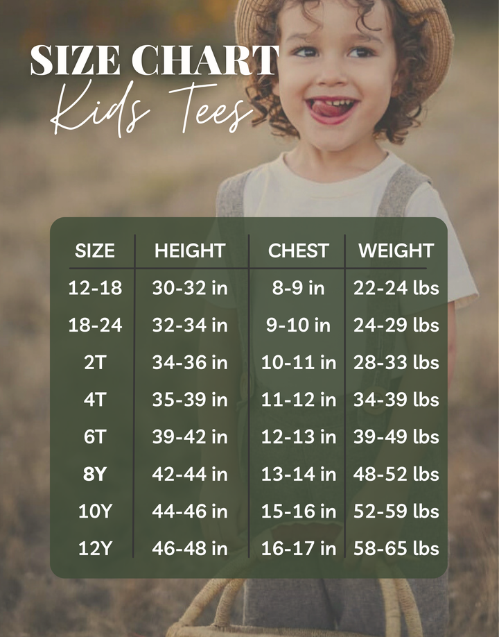 Kids T-shirt size chart table with sizes, height, chest, and weight ranges.