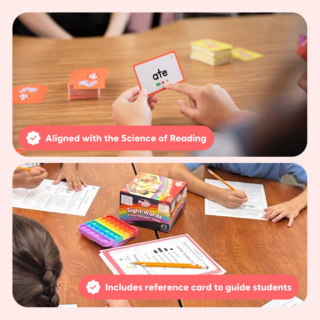 Hands holding sight words cards on table with rainbow pop-it mat nearby