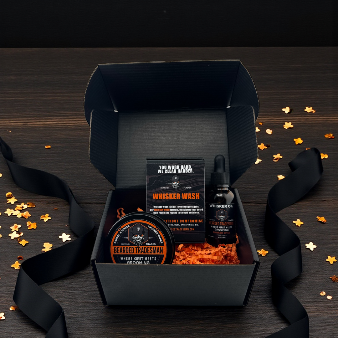 Bearded grooming gift set in open black box with beard wash and beard oil bottles