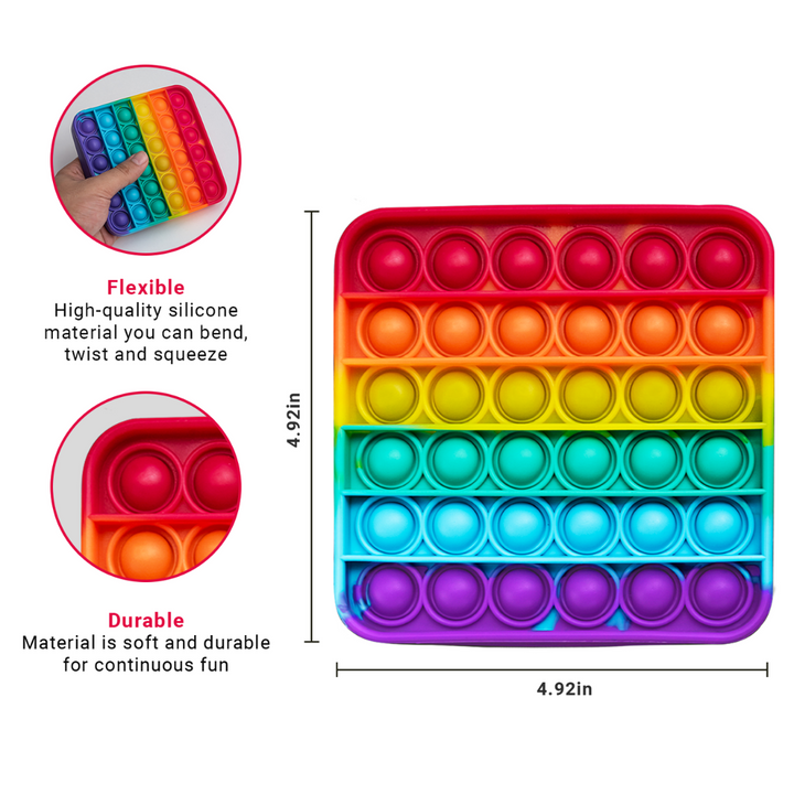 Square rainbow pop fidget mat, silicone bubbles in red, orange, yellow, green, blue, purple