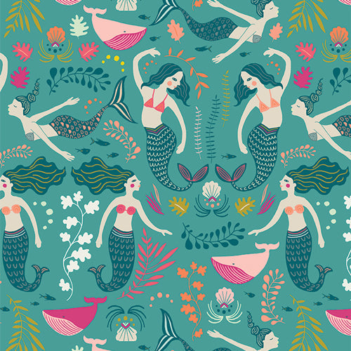 Bowl cover set cloth with ocean mermaid figures and coral plants pattern