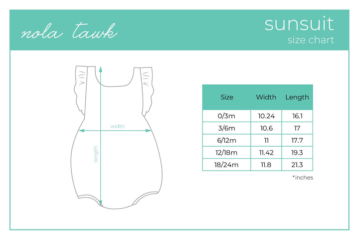 Sunsuit size chart diagram with width and length measurements for 0–24 months
